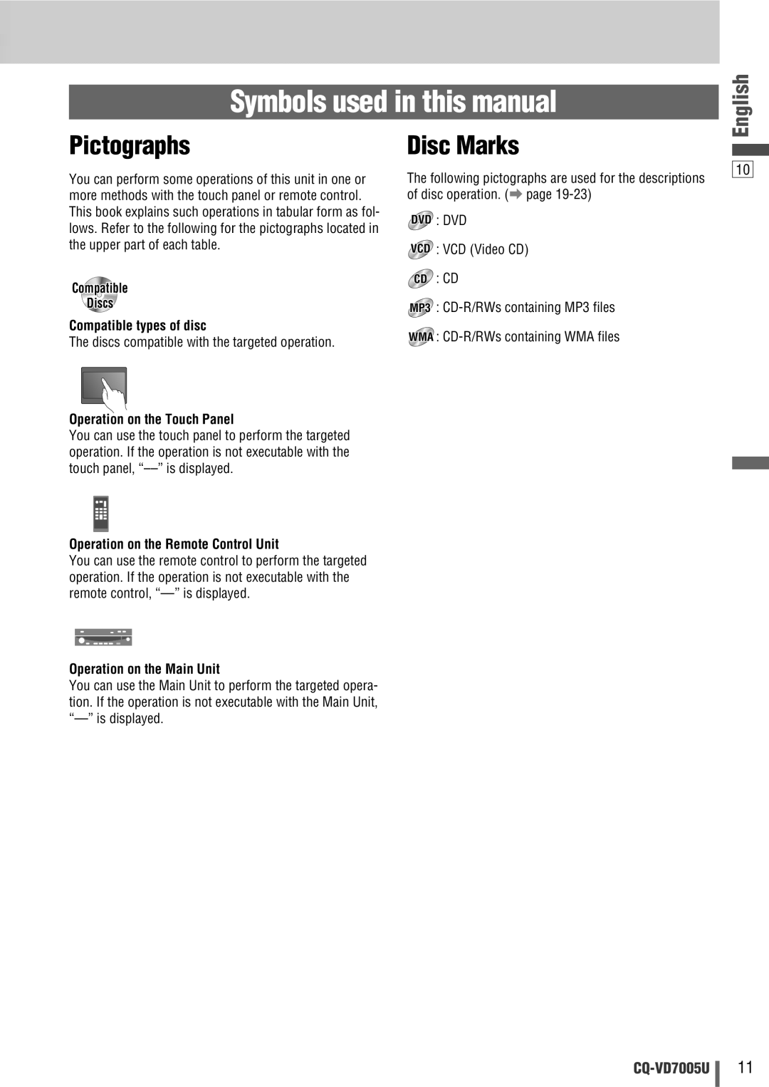 Panasonic CQ-VD7005U warranty Pictographs, Disc Marks 