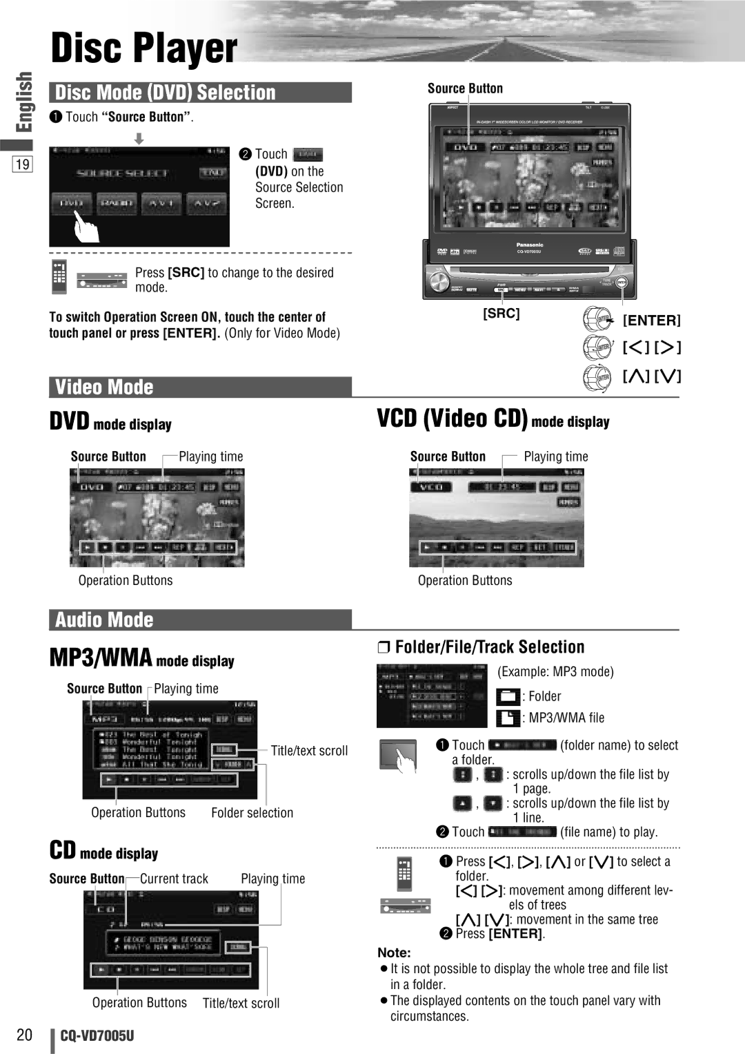 Panasonic CQ-VD7005U warranty Disc Player, Disc Mode DVD Selection, Video Mode, Audio Mode, Folder/File/Track Selection 