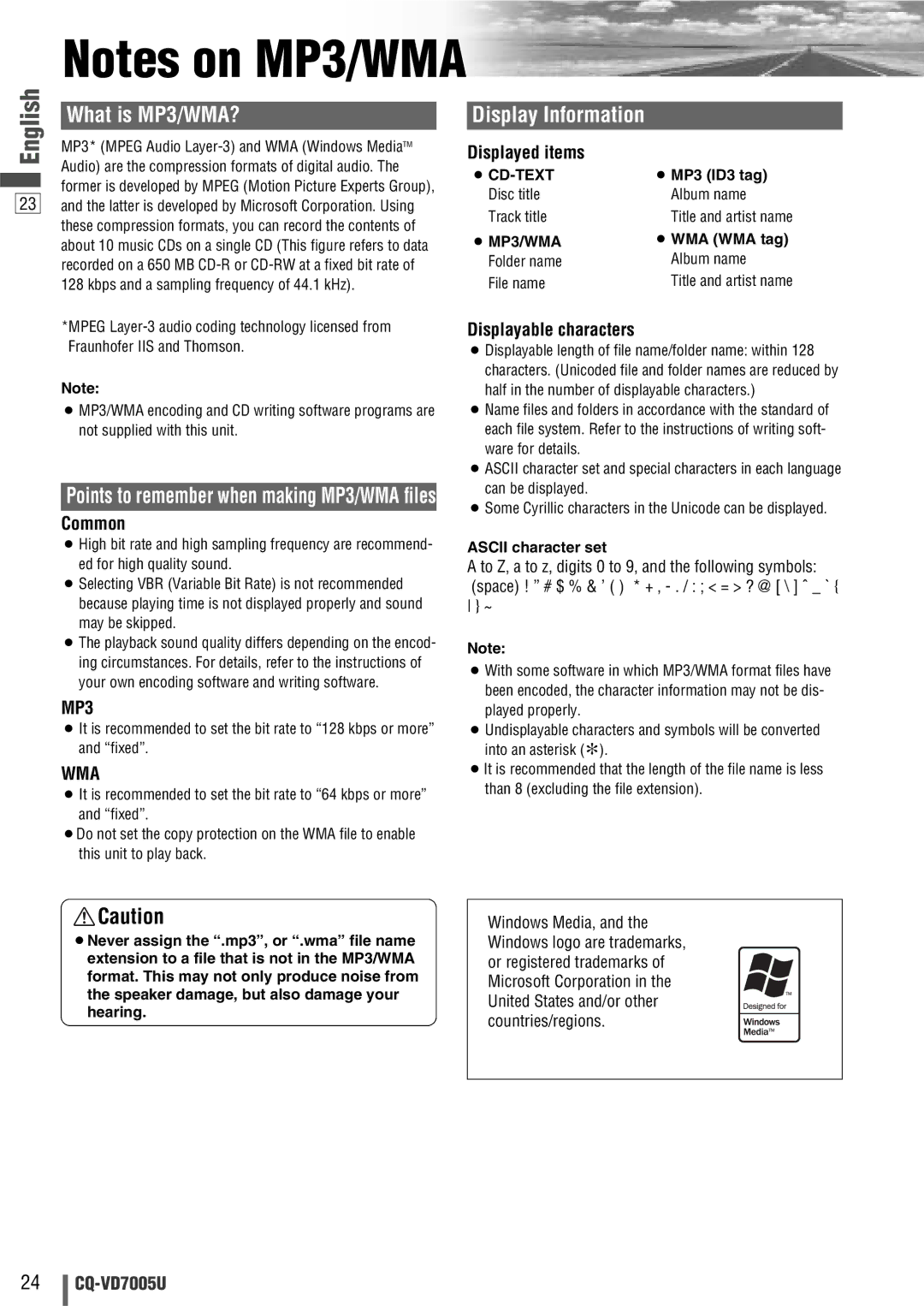 Panasonic CQ-VD7005U warranty Common, Displayed items, Displayable characters, MP3, Wma 