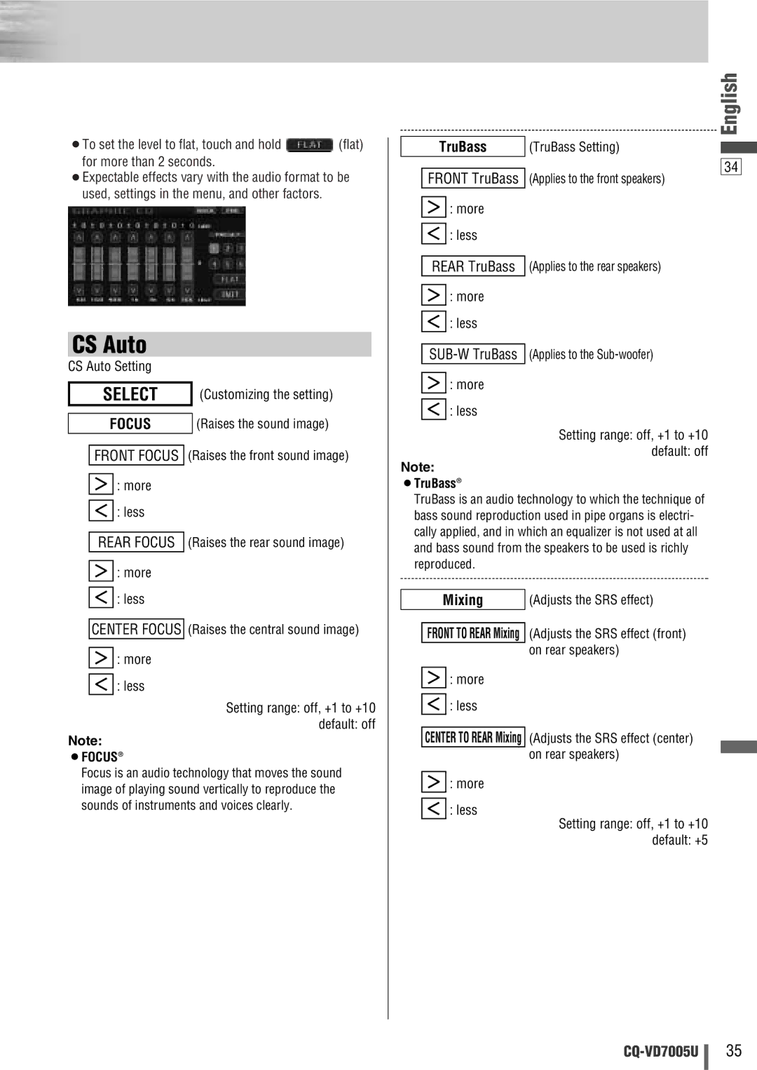 Panasonic CQ-VD7005U warranty Select, Mixing, ¡TruBass, ¡Focus 