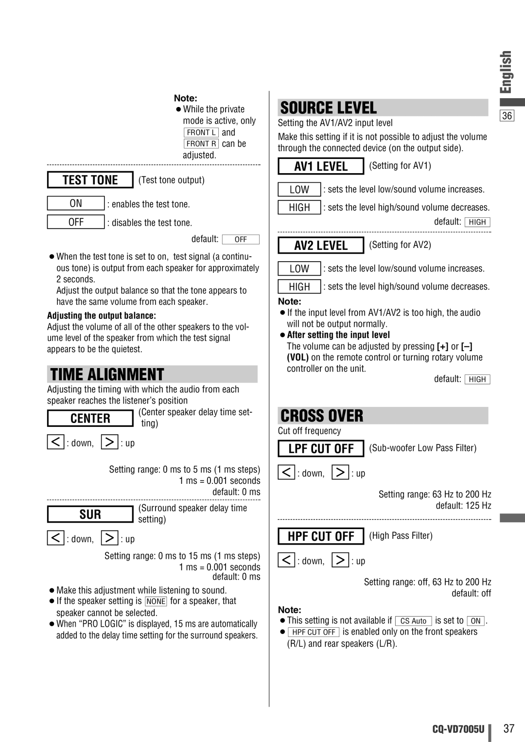 Panasonic CQ-VD7005U warranty Time Alignment, Source Level, Center ting, AV1 Level, AV2 Level 