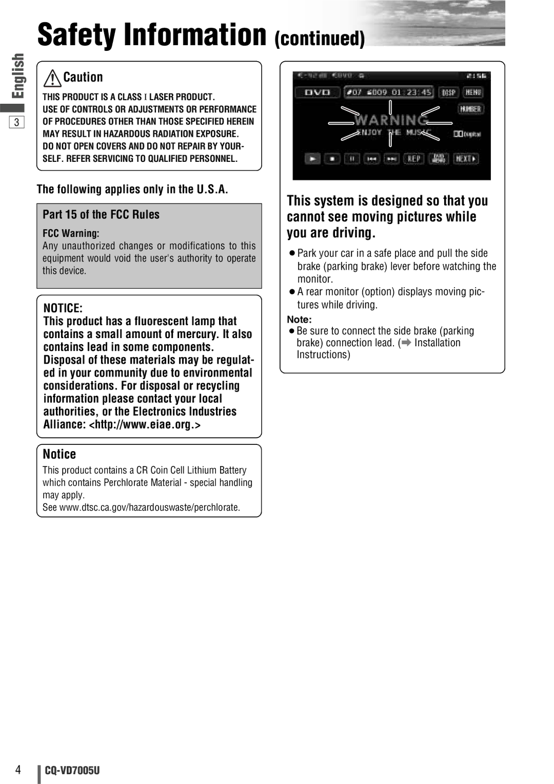 Panasonic CQ-VD7005U warranty Safety Information, FCC Warning 