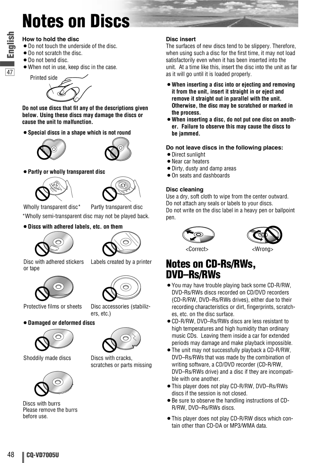 Panasonic CQ-VD7005U warranty DVD-Rs/RWs 