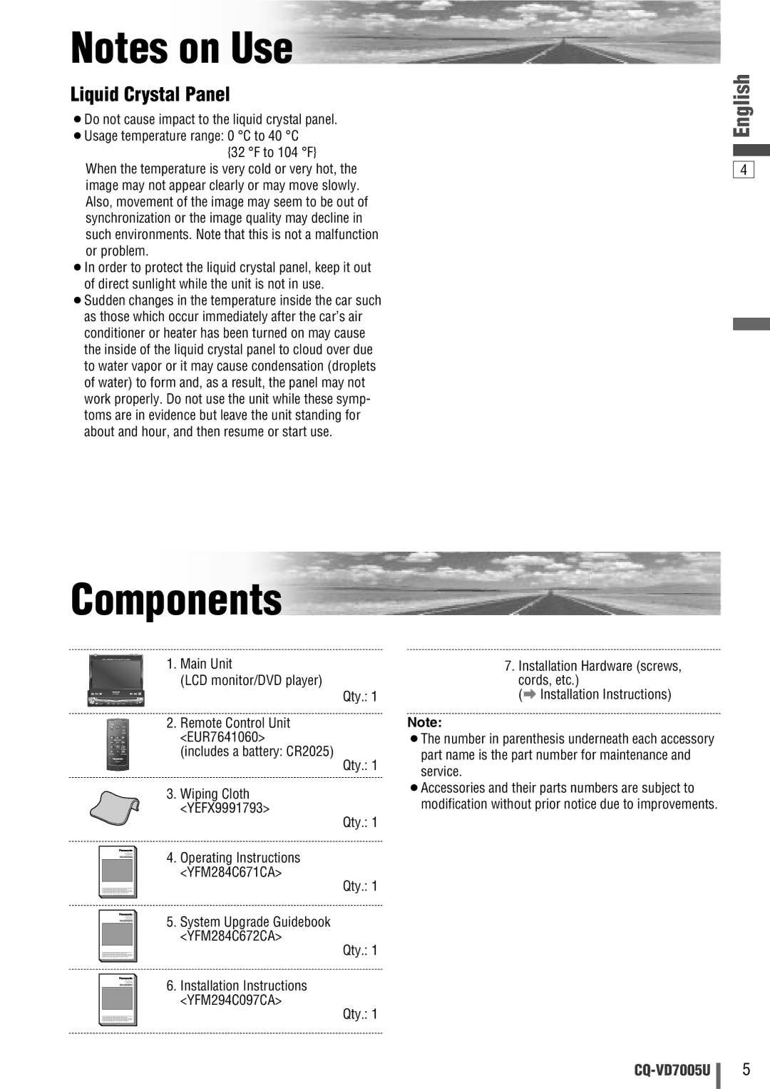 Panasonic CQ-VD7005U warranty Components 