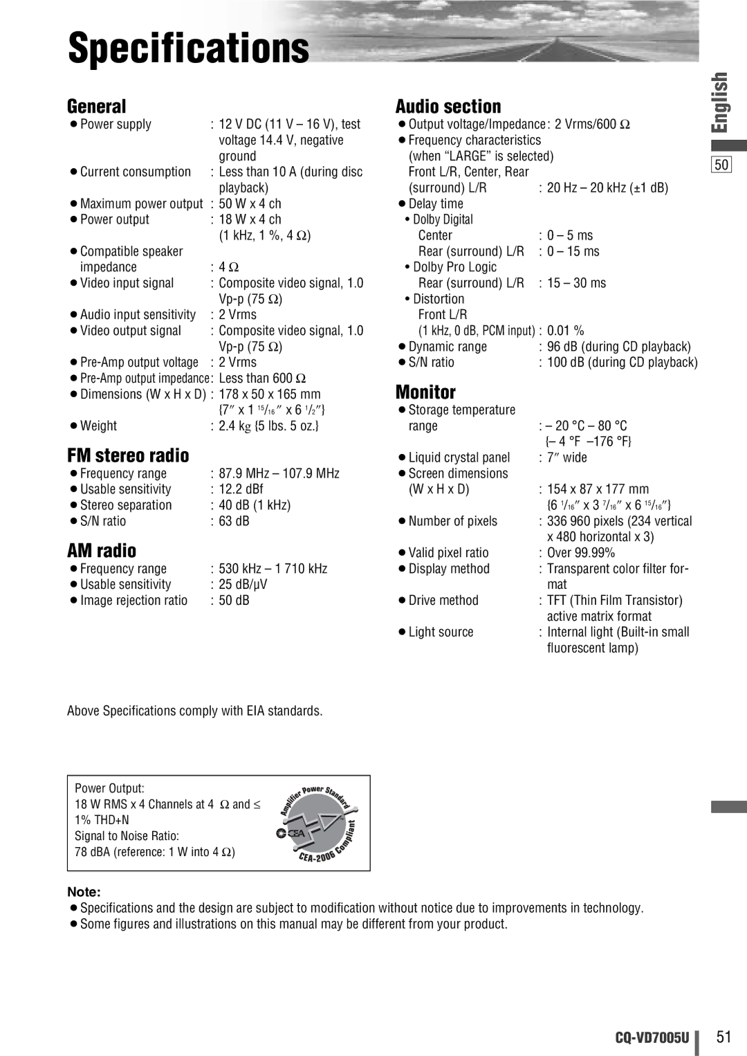 Panasonic CQ-VD7005U warranty Specifications 