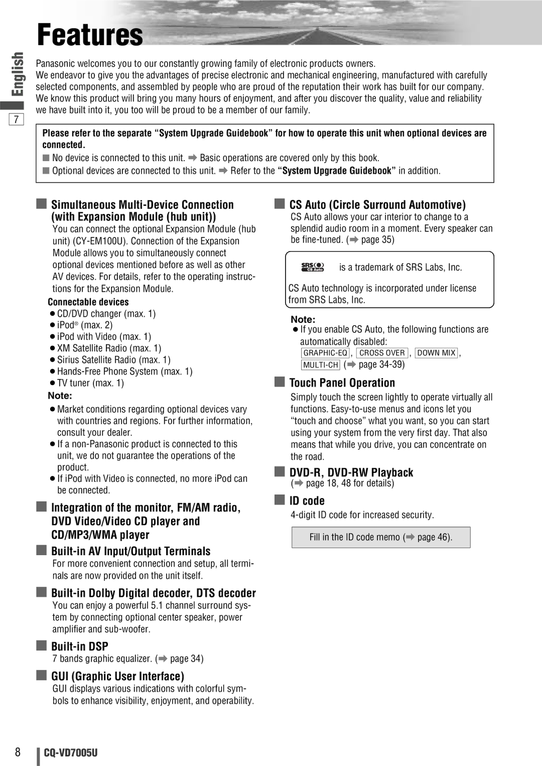 Panasonic CQ-VD7005U warranty Features, Connectable devices 