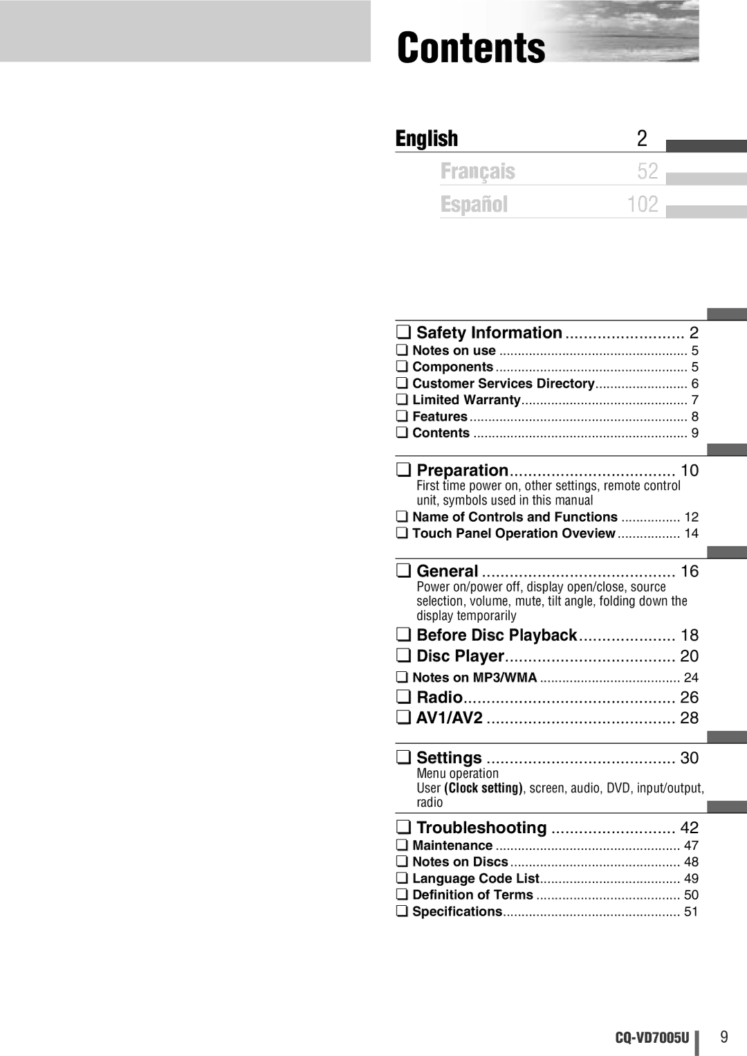 Panasonic CQ-VD7005U warranty Contents 