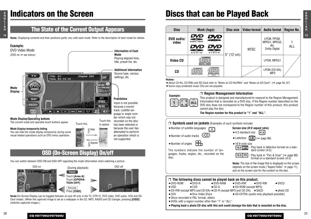 Panasonic CQ-VD7700U, CQ-VD7500U operating instructions Indicators on the Screen, All 