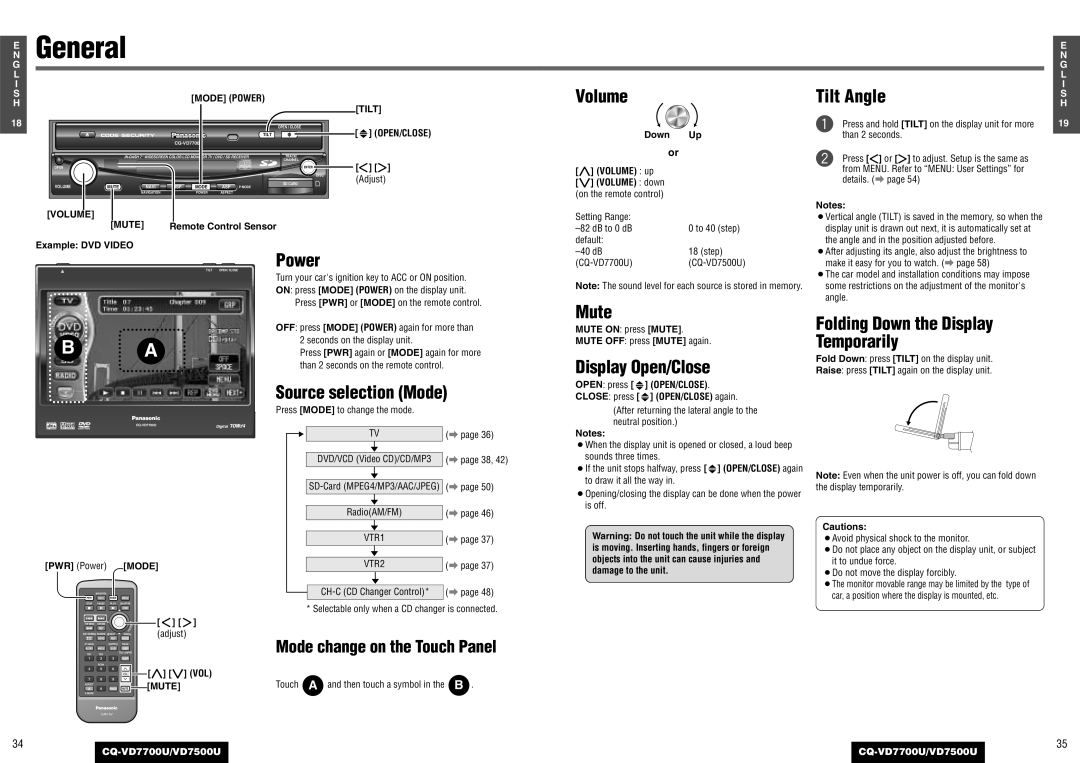 Panasonic CQ-VD7500U, CQ-VD7700U operating instructions General 