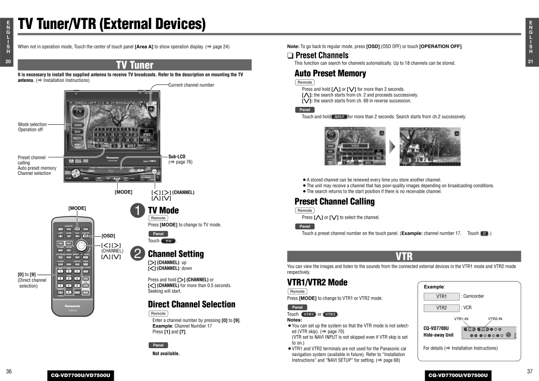 Panasonic CQ-VD7700U TV Tuner/VTR External Devices, TV Mode, Channel Setting, VTR1/VTR2 Mode, Direct Channel Selection 