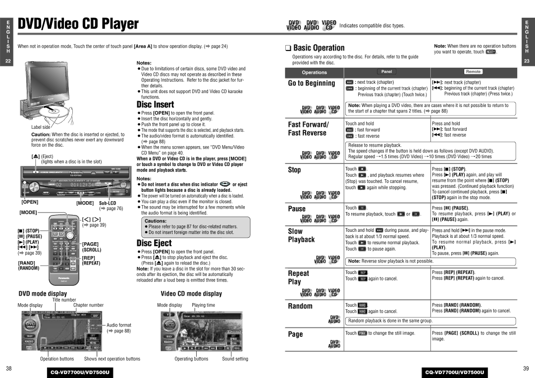 Panasonic CQ-VD7500U, CQ-VD7700U operating instructions DVD/Video CD Player, Disc Insert, Disc Eject 