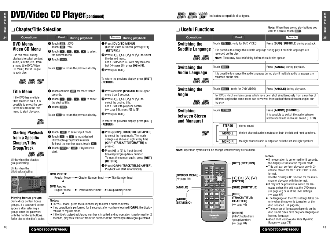 Panasonic CQ-VD7700U, CQ-VD7500U Video CD Menu, Title Menu, Useful Functions, Angle, Switching, Monaural 