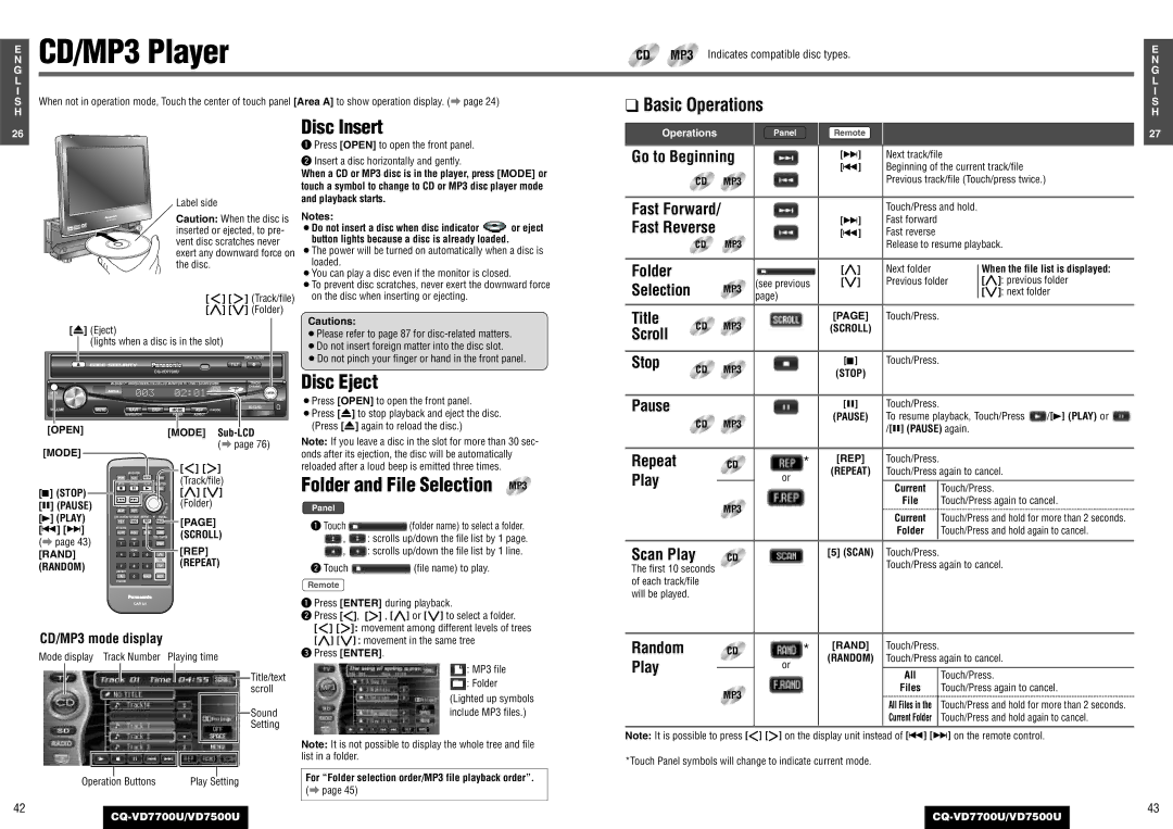 Panasonic CQ-VD7500U, CQ-VD7700U operating instructions CD/MP3 Player, Folder and File Selection MP3 