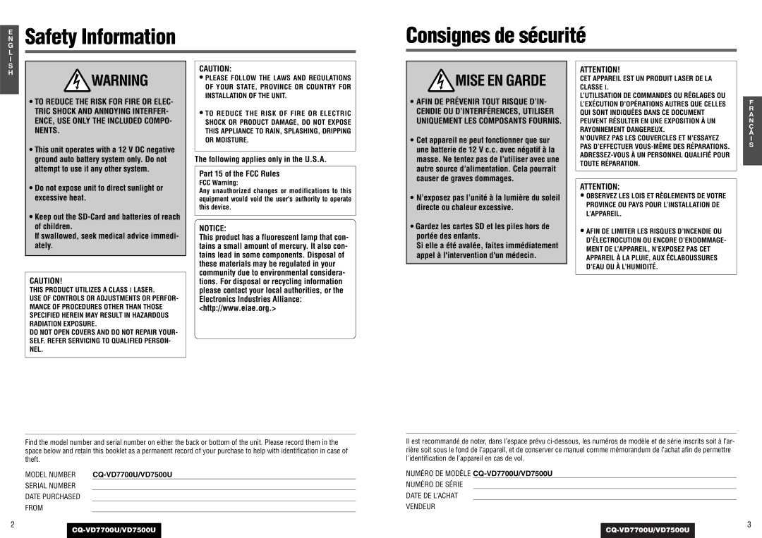 Panasonic CQ-VD7700U, CQ-VD7500U operating instructions Safety Information, Nents 