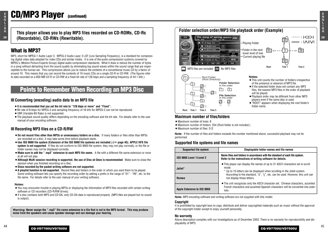 Panasonic CQ-VD7700U What is MP3?, Converting encoding audio data to an MP3 file, Recording MP3 files on a CD-R/RW 