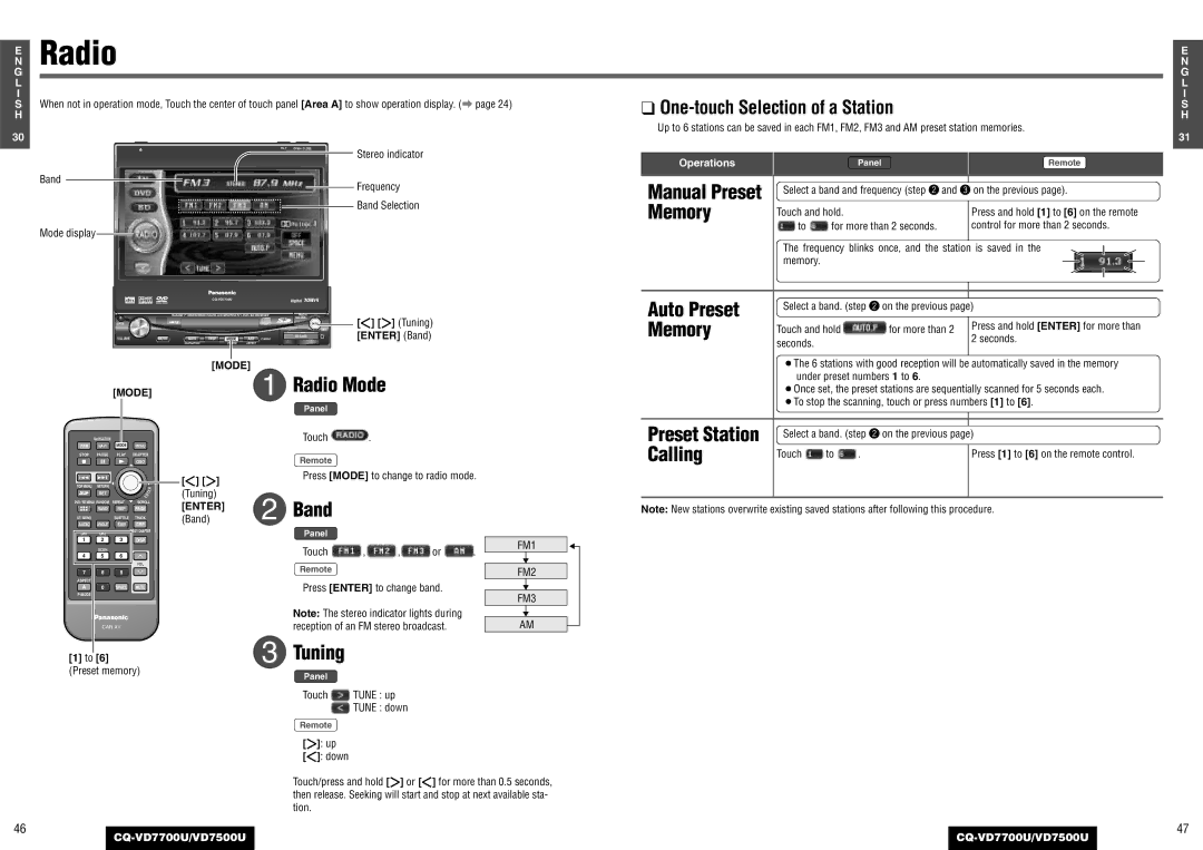 Panasonic CQ-VD7500U, CQ-VD7700U operating instructions Radio, Memory, Auto Preset, Calling, Enter 