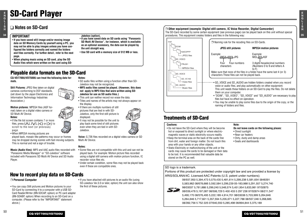 Panasonic CQ-VD7500U, CQ-VD7700U SD-Card Player, Playable data formats on the SD-Card, How to record play data on SD-Cards 