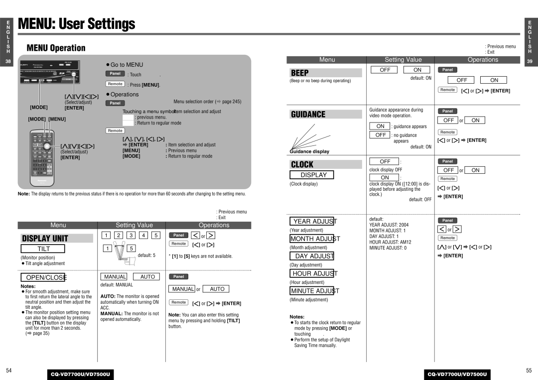 Panasonic CQ-VD7500U, CQ-VD7700U operating instructions Menu User Settings, Menu Operation 