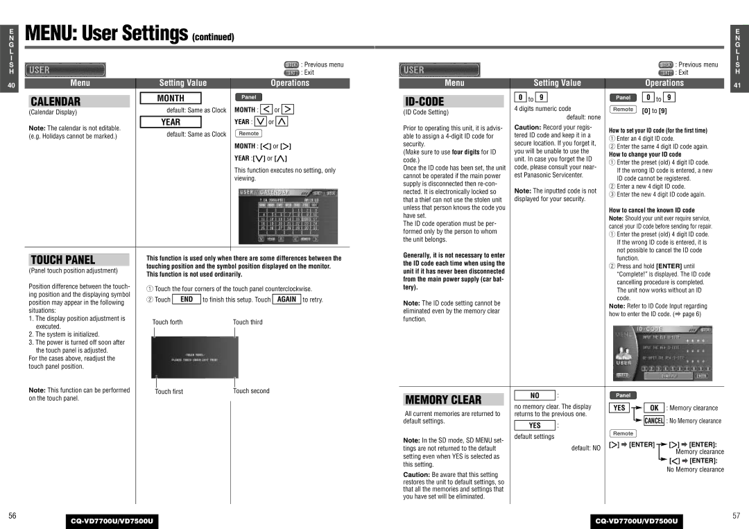 Panasonic CQ-VD7700U, CQ-VD7500U operating instructions Calendar, Touch Panel, Id-Code, Memory Clear, Month 