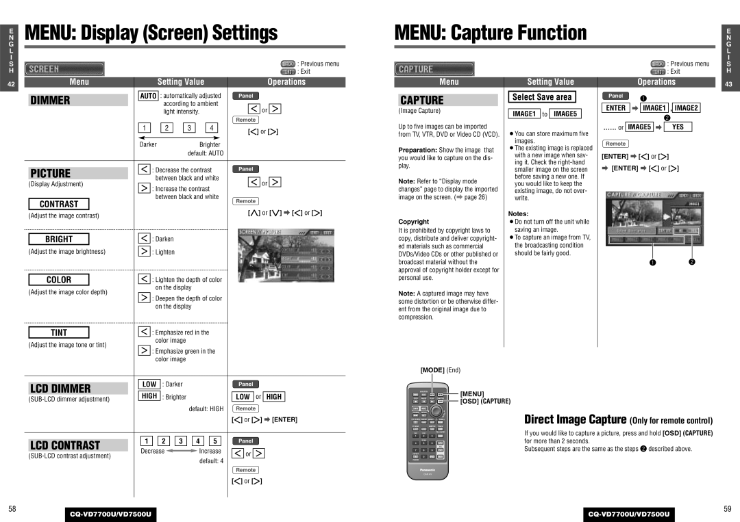 Panasonic CQ-VD7500U, CQ-VD7700U operating instructions Menu Display Screen Settings, Dimmer, Capture, Picture, Bright 