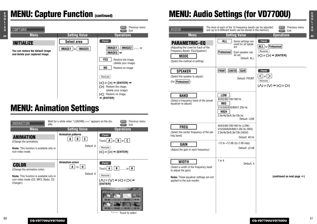 Panasonic CQ-VD7700U, CQ-VD7500U operating instructions Menu Capture Function, Menu Animation Settings 