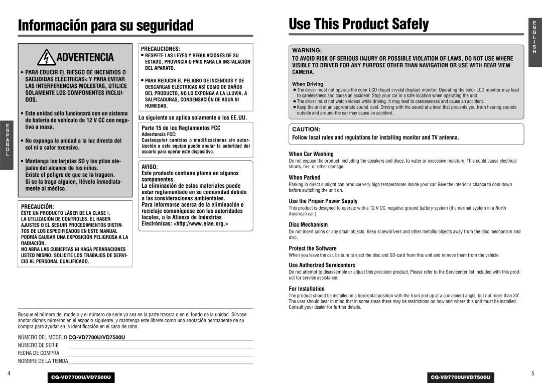 Panasonic CQ-VD7500U, CQ-VD7700U Información para su seguridad Use This Product Safely, Precaución, Precauciones, Aviso 