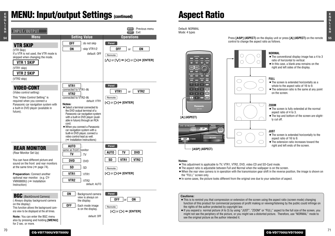 Panasonic CQ-VD7500U, CQ-VD7700U operating instructions VTR Skip, Video-Cont, Rear Monitor, VTR 1 Skip, VTR 2 Skip 