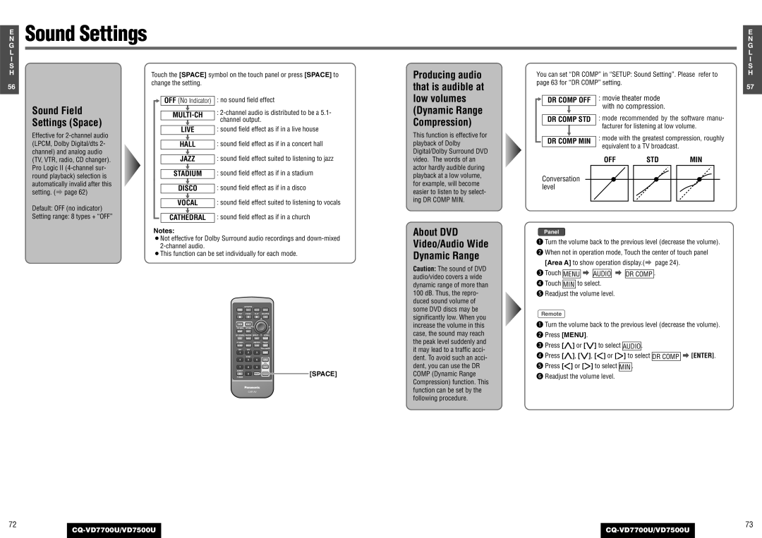 Panasonic CQ-VD7700U, CQ-VD7500U Sound Settings, Sound Field, Settings Space, About DVD Video/Audio Wide Dynamic Range 