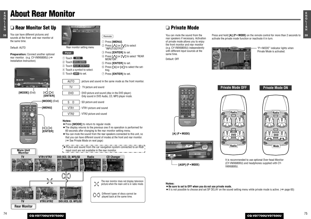 Panasonic CQ-VD7500U, CQ-VD7700U operating instructions About Rear Monitor, Rear Monitor Set Up Private Mode, Radio 