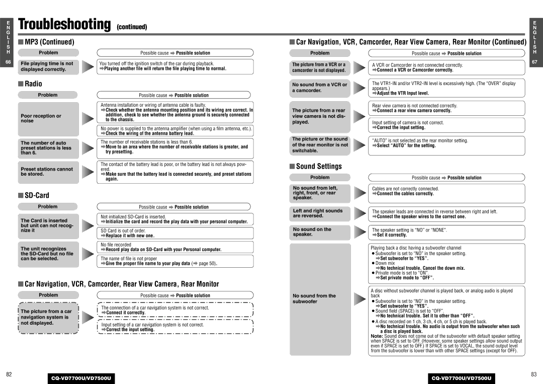 Panasonic CQ-VD7500U, CQ-VD7700U operating instructions Radio, SD-Card, Sound Settings 