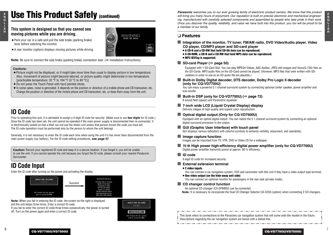 Panasonic CQ-VD7700U, CQ-VD7500U operating instructions Features 