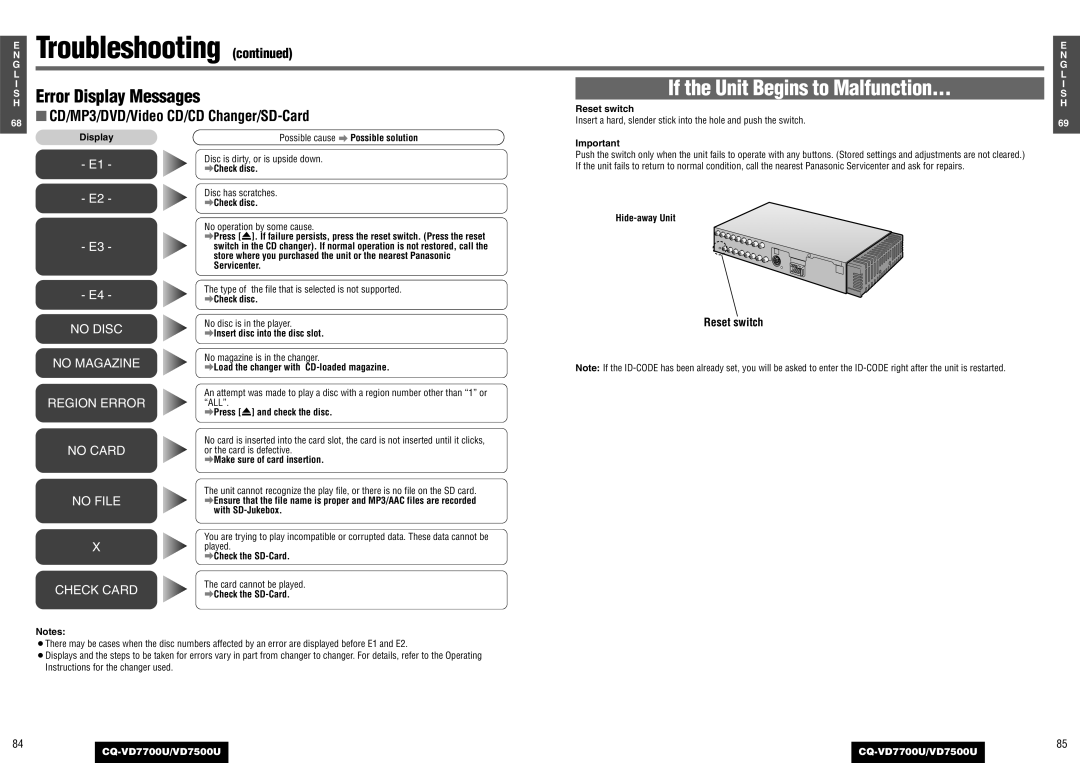 Panasonic CQ-VD7700U, CQ-VD7500U operating instructions CD/MP3/DVD/Video CD/CD Changer/SD-Card, Reset switch 