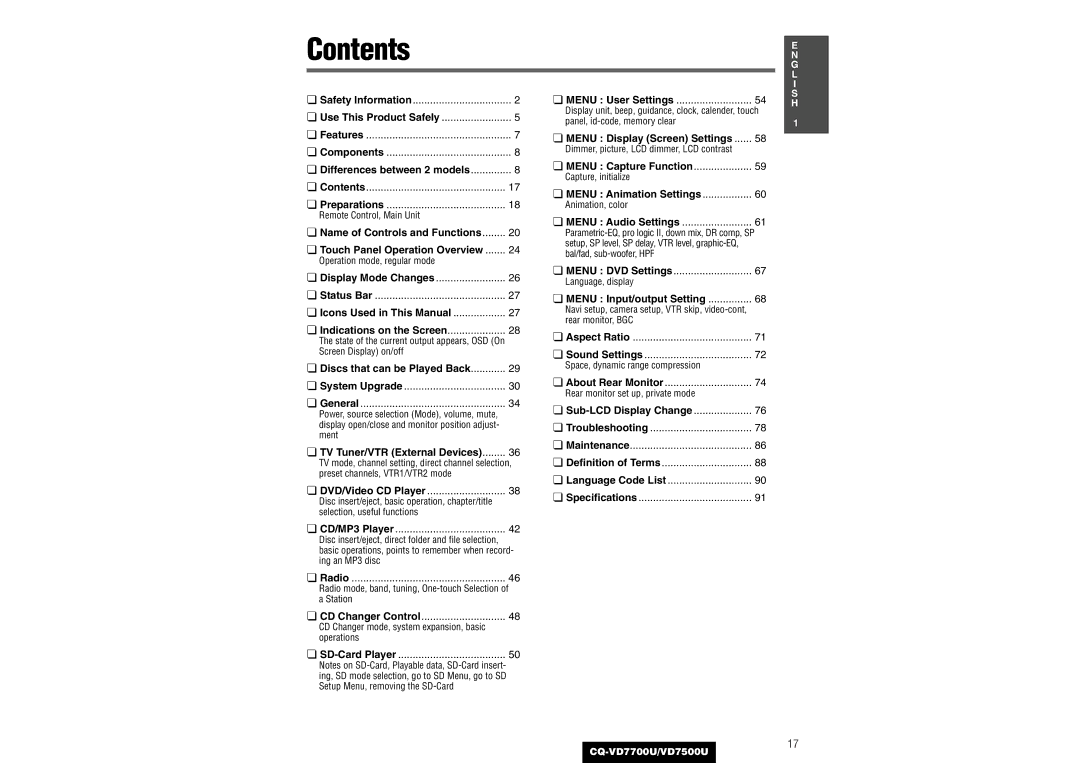 Panasonic CQ-VD7700U, CQ-VD7500U operating instructions Contents 