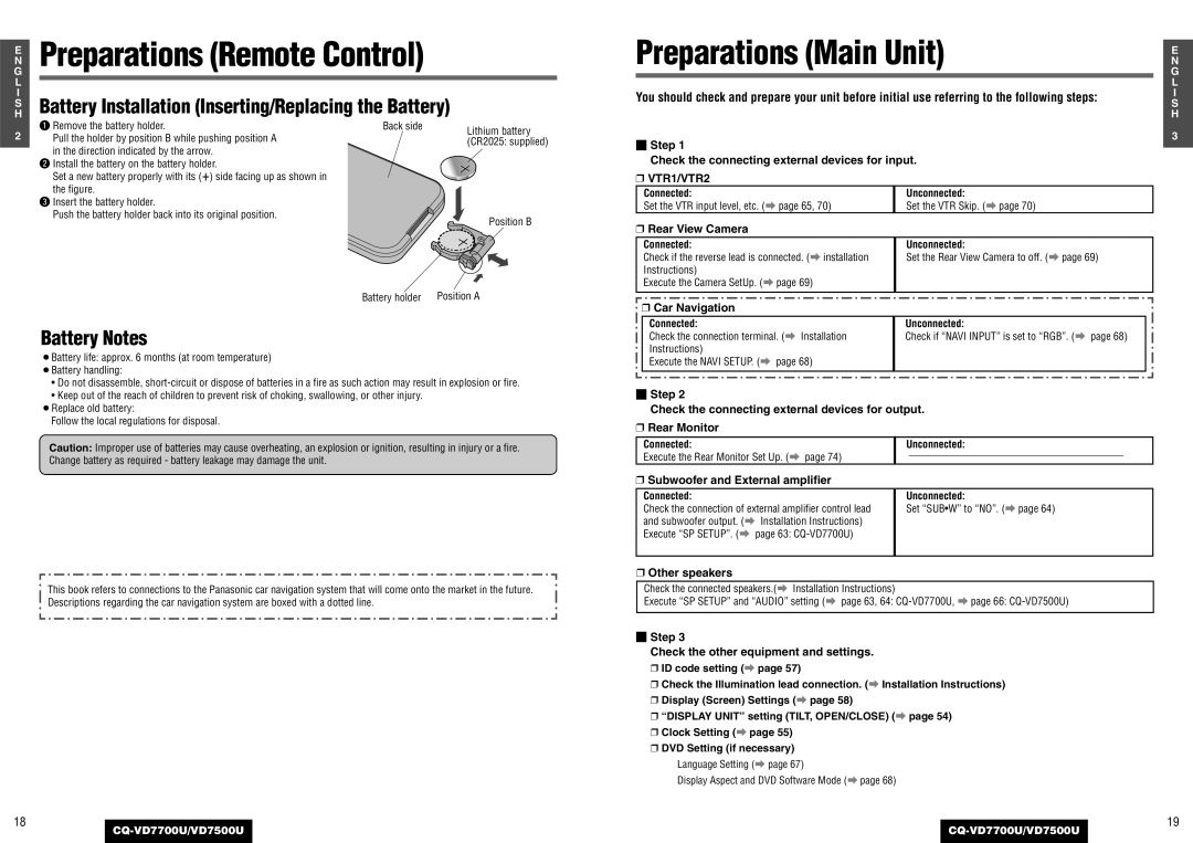 Panasonic CQ-VD7500U Preparations Remote Control, Battery Installation Inserting/Replacing the Battery, Battery Notes 