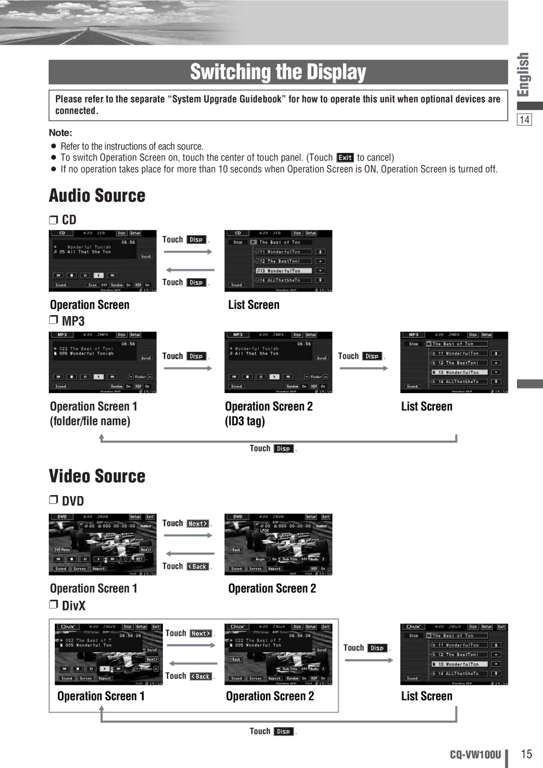 Panasonic CQ-VW100U operating instructions Switching the Display, Audio Source, Video Source, MP3, DivX 