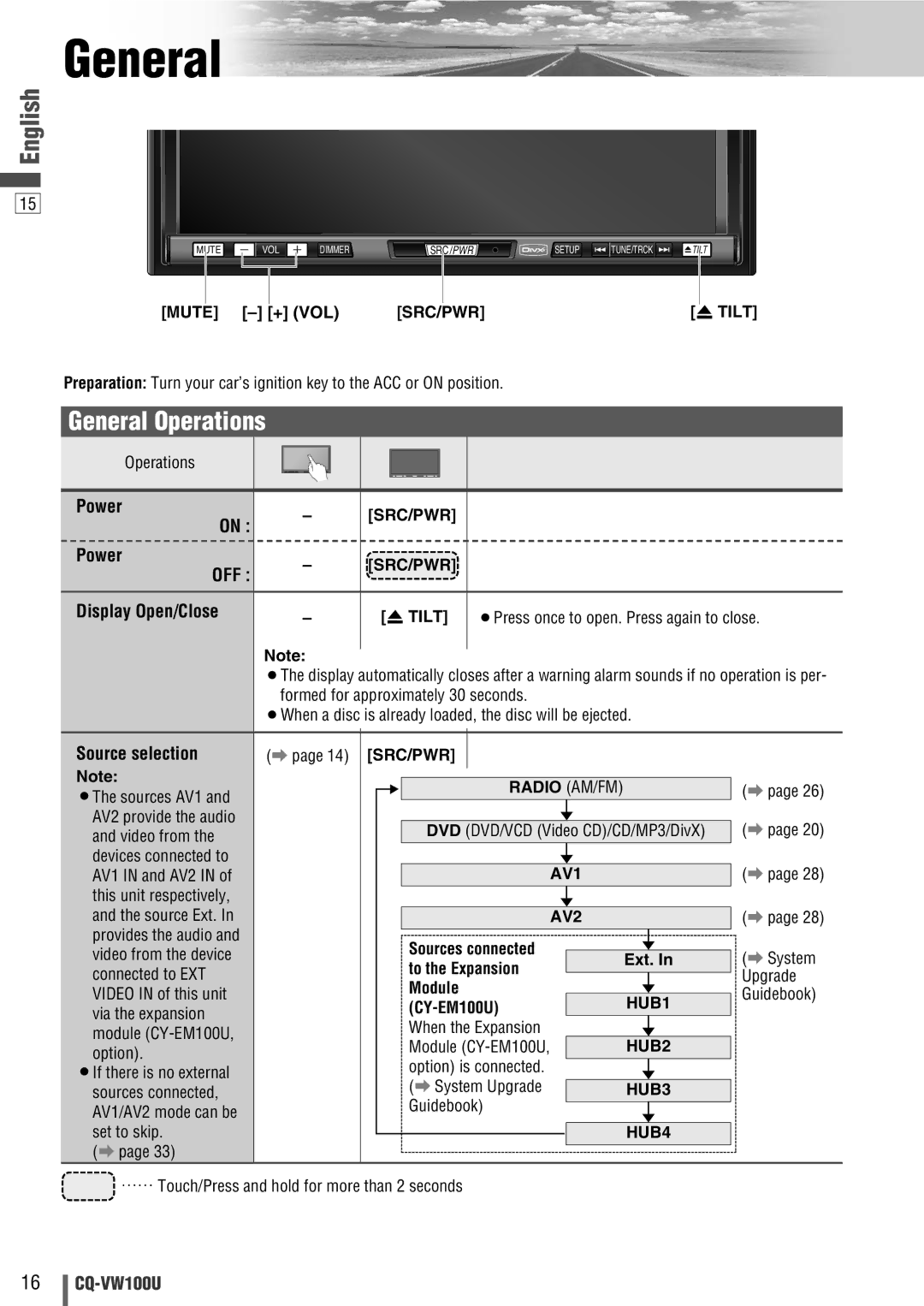 Panasonic CQ-VW100U operating instructions General Operations 