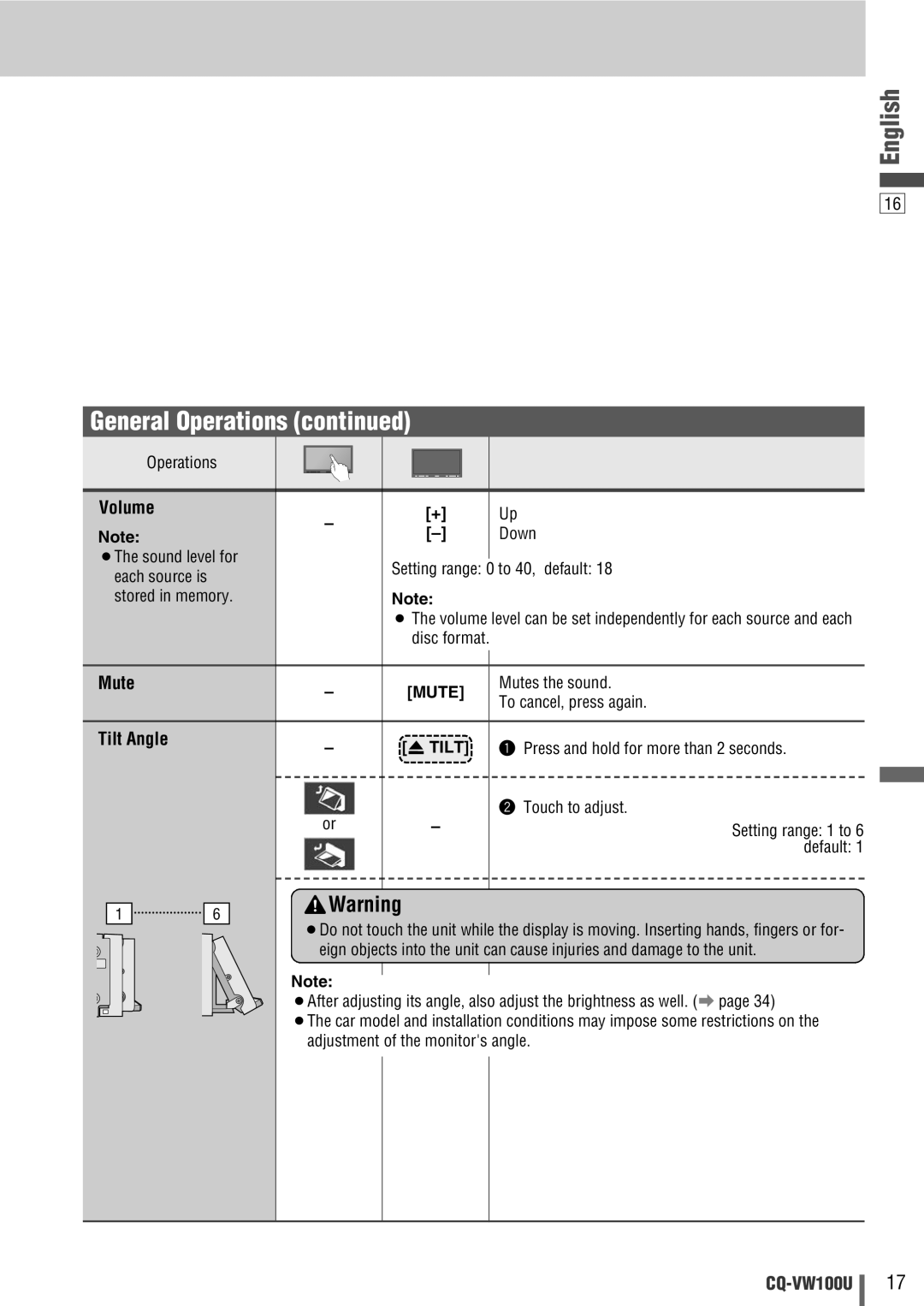 Panasonic CQ-VW100U operating instructions Volume, Tilt Angle 