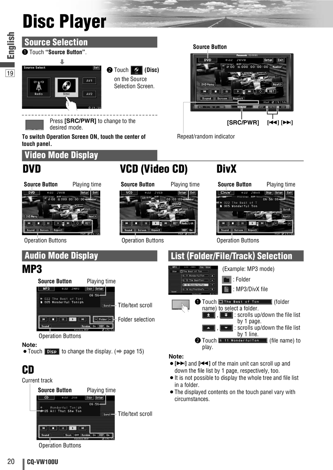 Panasonic CQ-VW100U operating instructions Disc Player, VCD Video CD DivX 