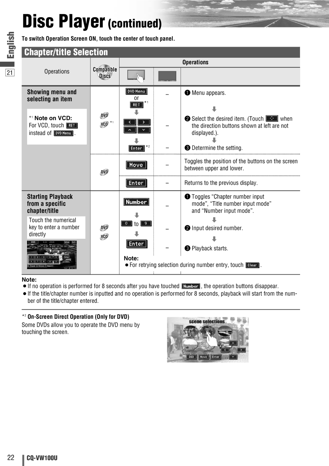 Panasonic CQ-VW100U operating instructions Chapter/title Selection, Showing menu, From a specific 