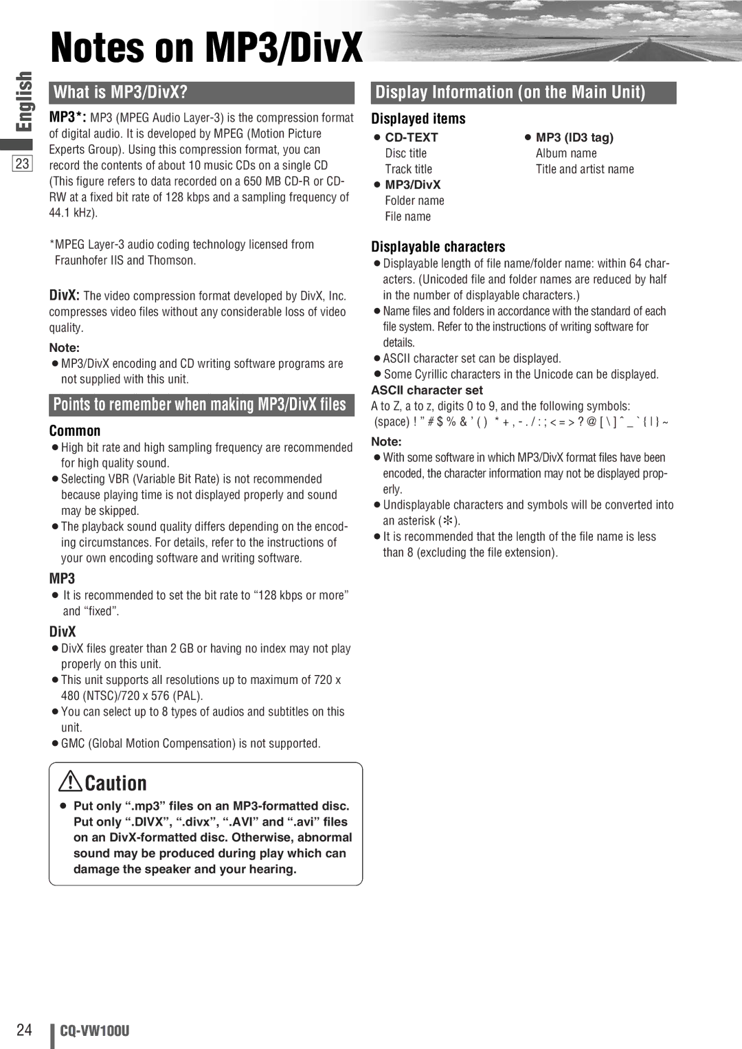 Panasonic CQ-VW100U operating instructions Common, DivX, Displayed items, Displayable characters 