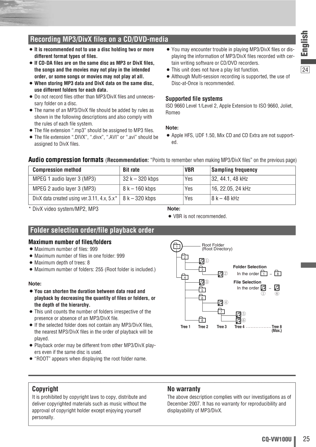 Panasonic CQ-VW100U operating instructions Copyright, No warranty, Supported file systems, Maximum number of files/folders 