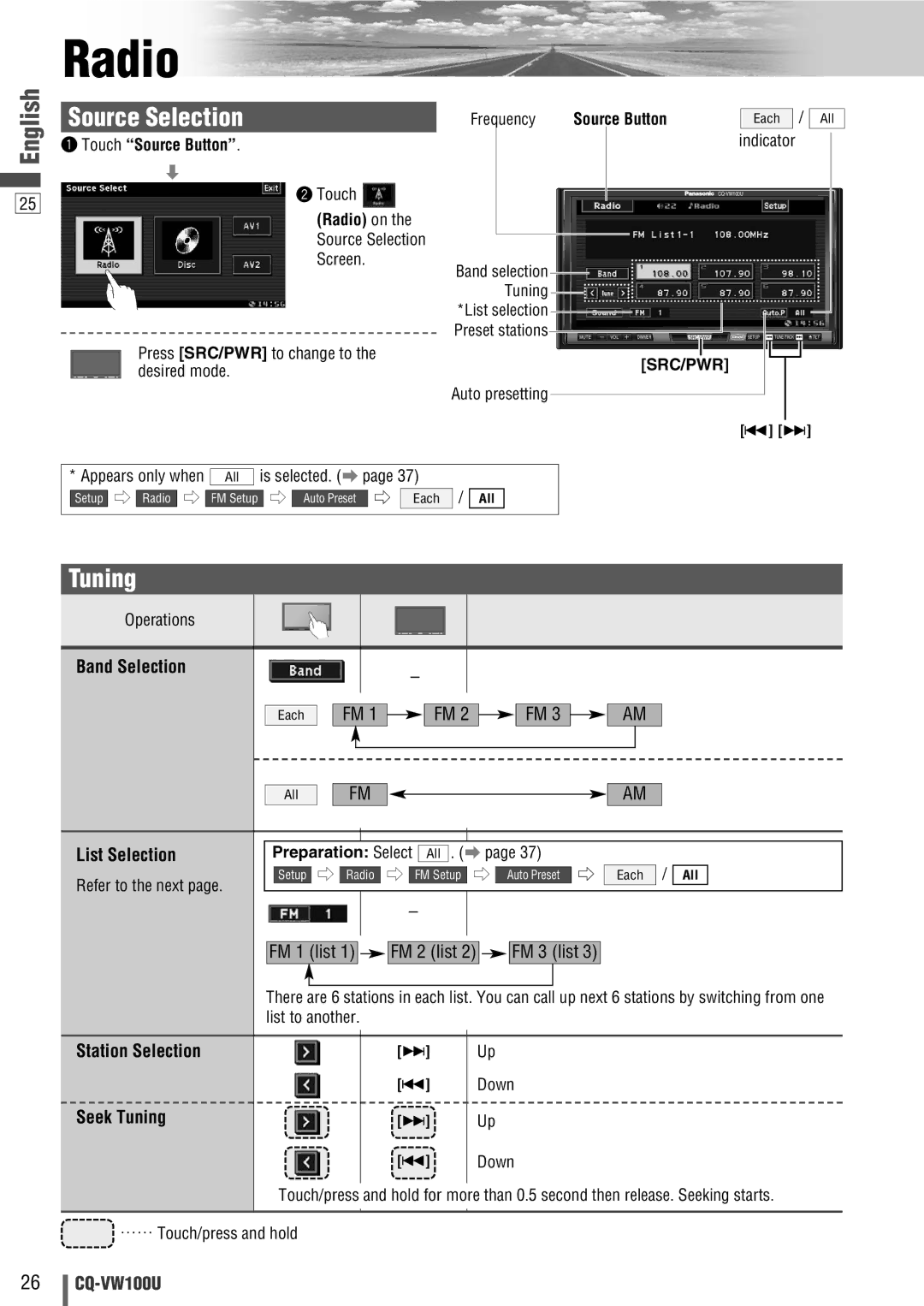 Panasonic CQ-VW100U operating instructions Radio, Tuning 