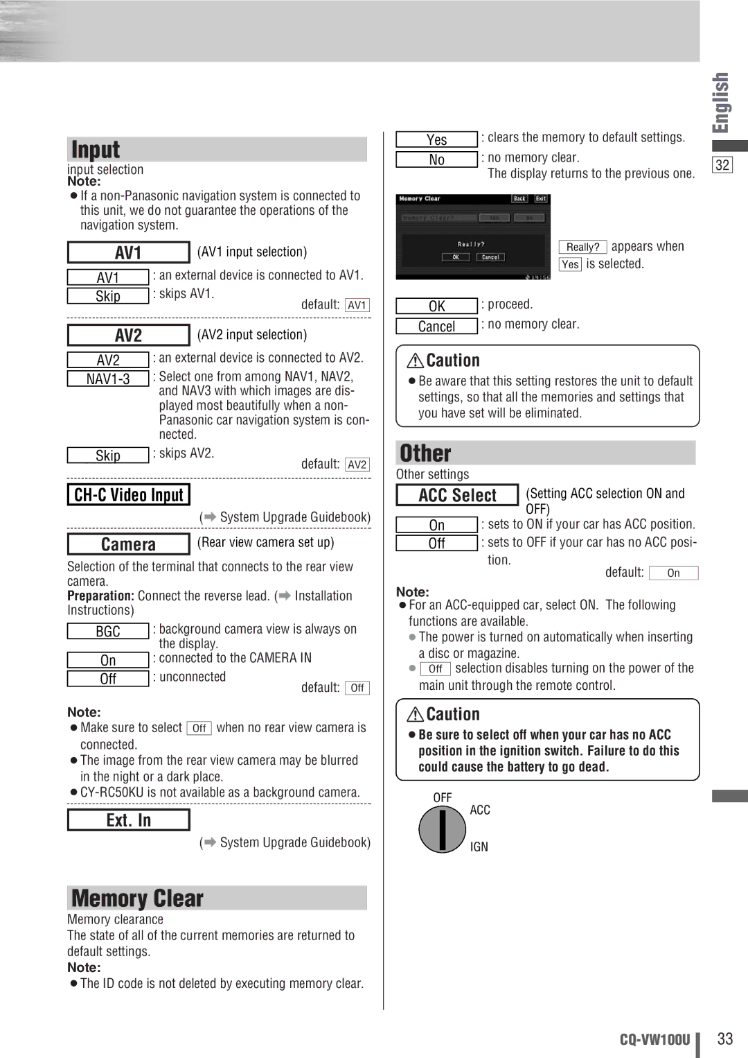 Panasonic CQ-VW100U operating instructions Input, Memory Clear, Other 