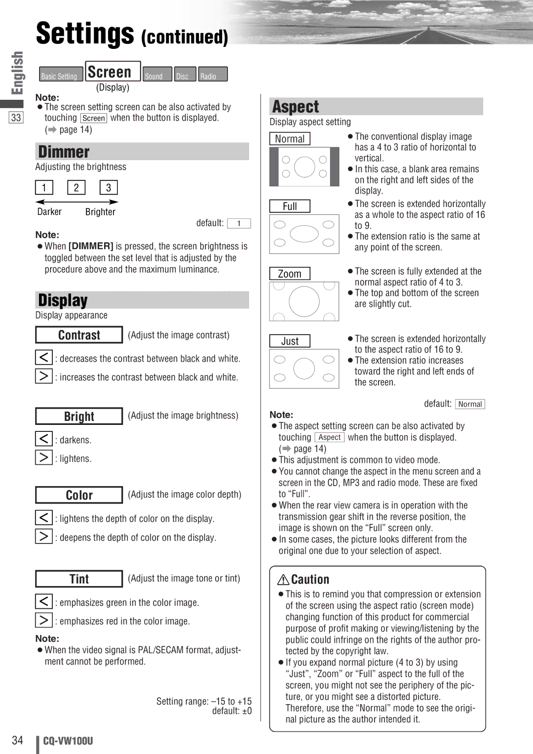 Panasonic CQ-VW100U operating instructions Dimmer, Display, Aspect 