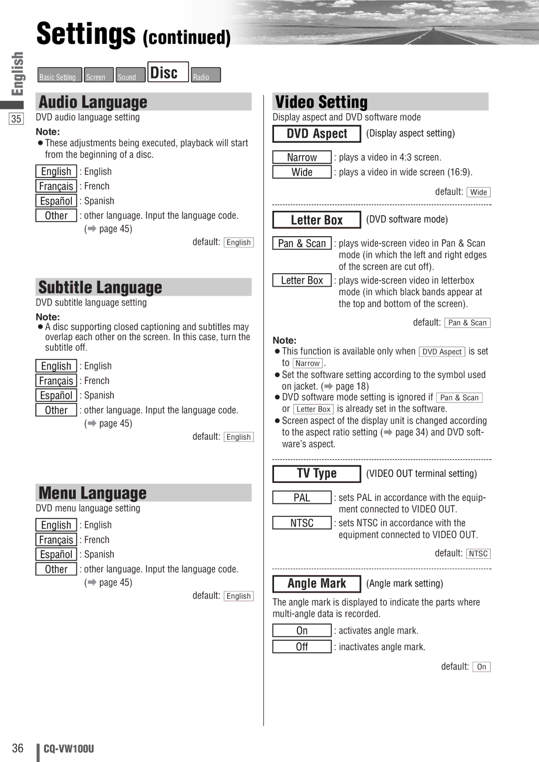 Panasonic CQ-VW100U operating instructions Subtitle Language, Menu Language, Video Setting 