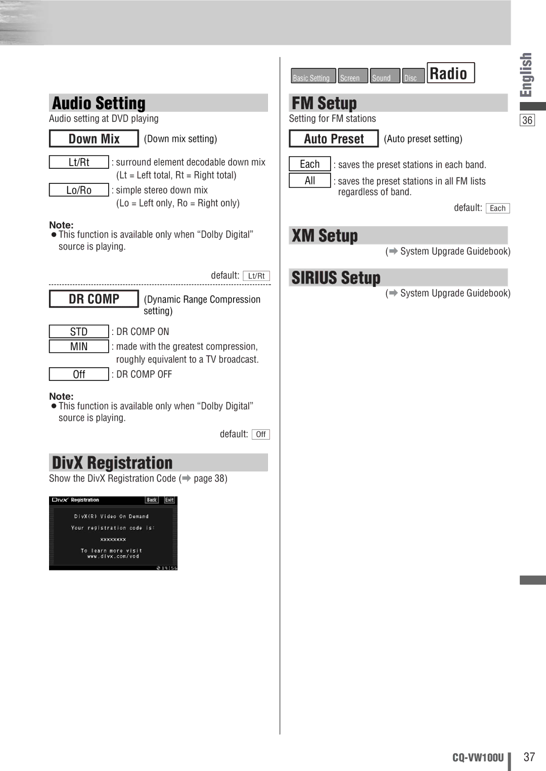 Panasonic CQ-VW100U operating instructions Audio Setting, DivX Registration, FM Setup, XM Setup, Sirius Setup 