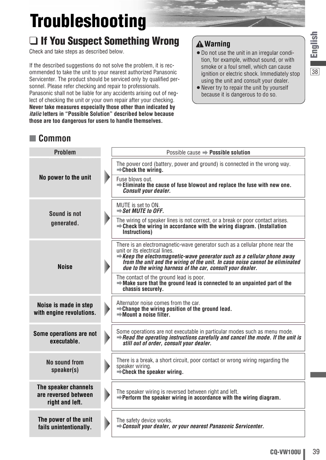 Panasonic CQ-VW100U operating instructions Troubleshooting, ACheck the speaker wiring 