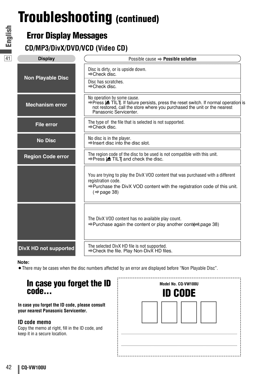 Panasonic CQ-VW100U Error Display Messages, Case you forget the ID code, ID code memo, Disc has scratches 