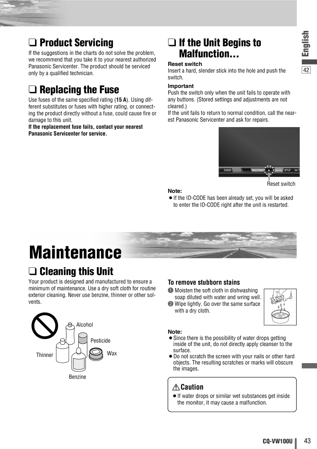 Panasonic CQ-VW100U Maintenance, Product Servicing, Replacing the Fuse, If the Unit Begins to Malfunction 