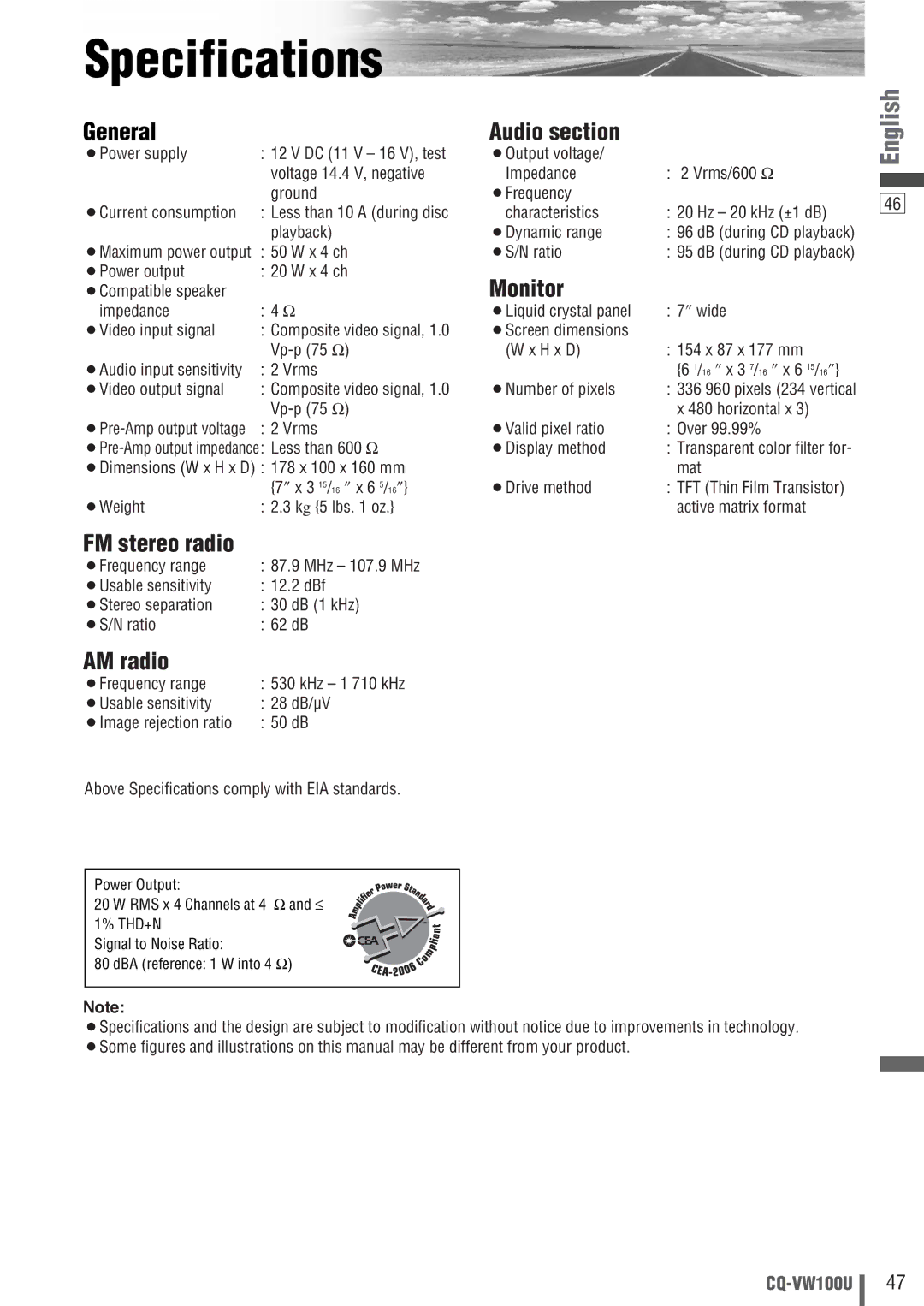 Panasonic CQ-VW100U operating instructions Specifications, ¡Maximum power output X 4 ch ¡S/N ratio, ¡Power output X 4 ch 